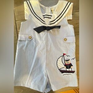 VINTAGE B.T. Kids Nautical Sailor Bear Romper | Blue Pinstripe | Size 2T